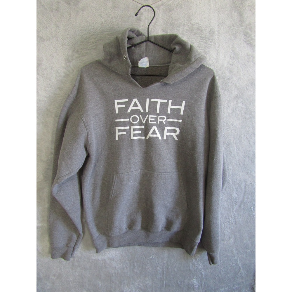 Port & Company Faith Over Fear Grey Hoodie Sweatshirt Mens Womens Medium